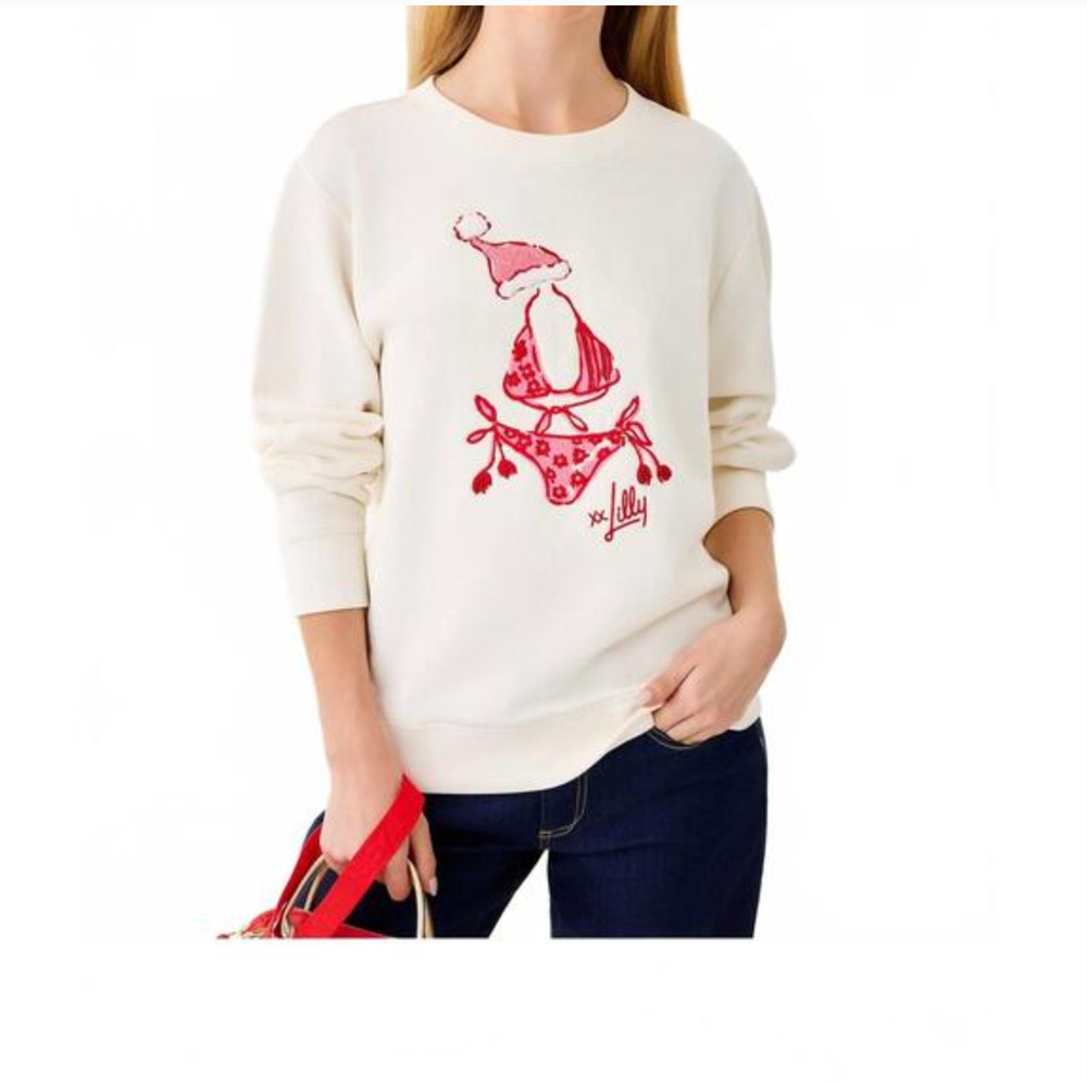 Lilly Pulitzer Ballad Sweatshirt L NWOT White Coastal Festive Frocks Bikini Red